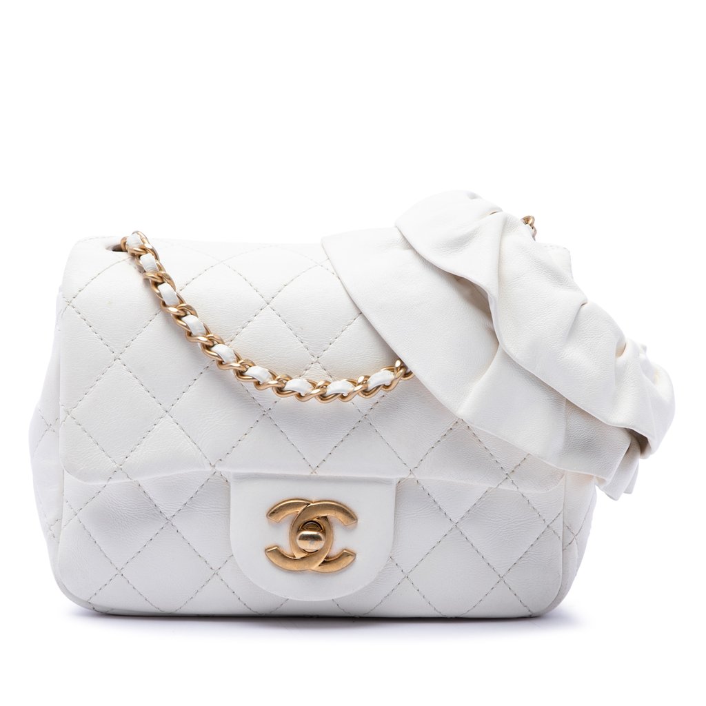 訳あり CHANEL キルティングミニショルダー ホワイト Chanel Mini Square Lambskin Romance Single Flap White Mini L