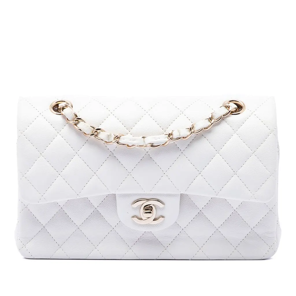 Chanel Medium Classic Caviar Double Flap White Leather Very good - Front View