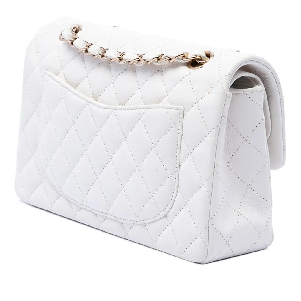 Chanel Medium Classic Caviar Double Flap White Leather Very good - Back View