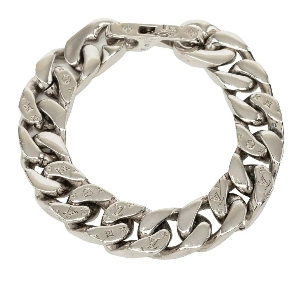 Louis Vuitton Brass Monogram Chain Link Bracelet Silver Brass Very good - Front View