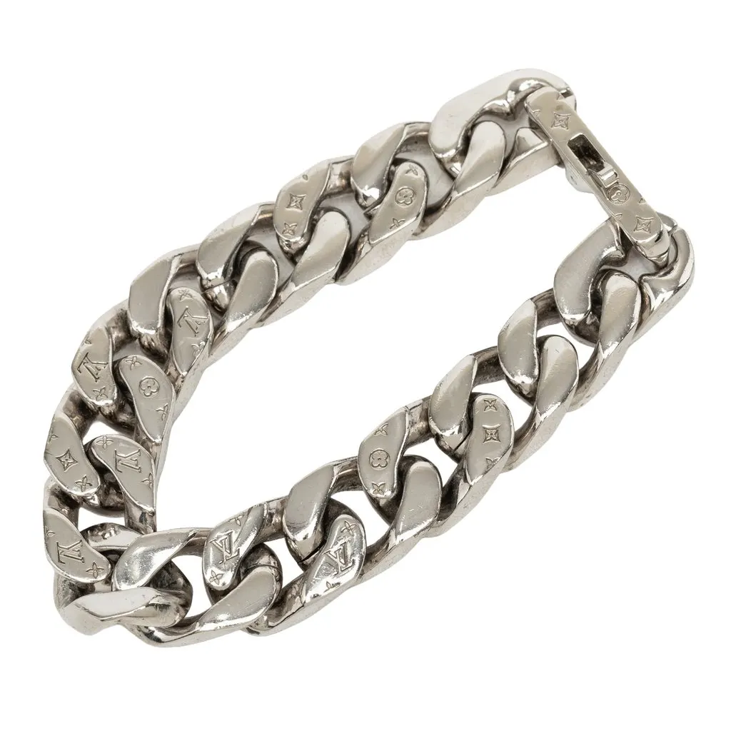 Louis Vuitton Brass Monogram Chain Link Bracelet Silver Brass Very good - Model View