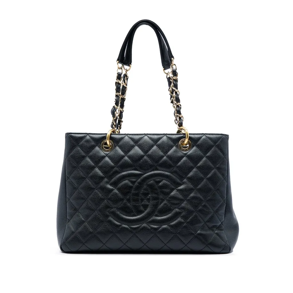 Chanel Caviar Grand Shopping Tote Black Leather Very good - Front View