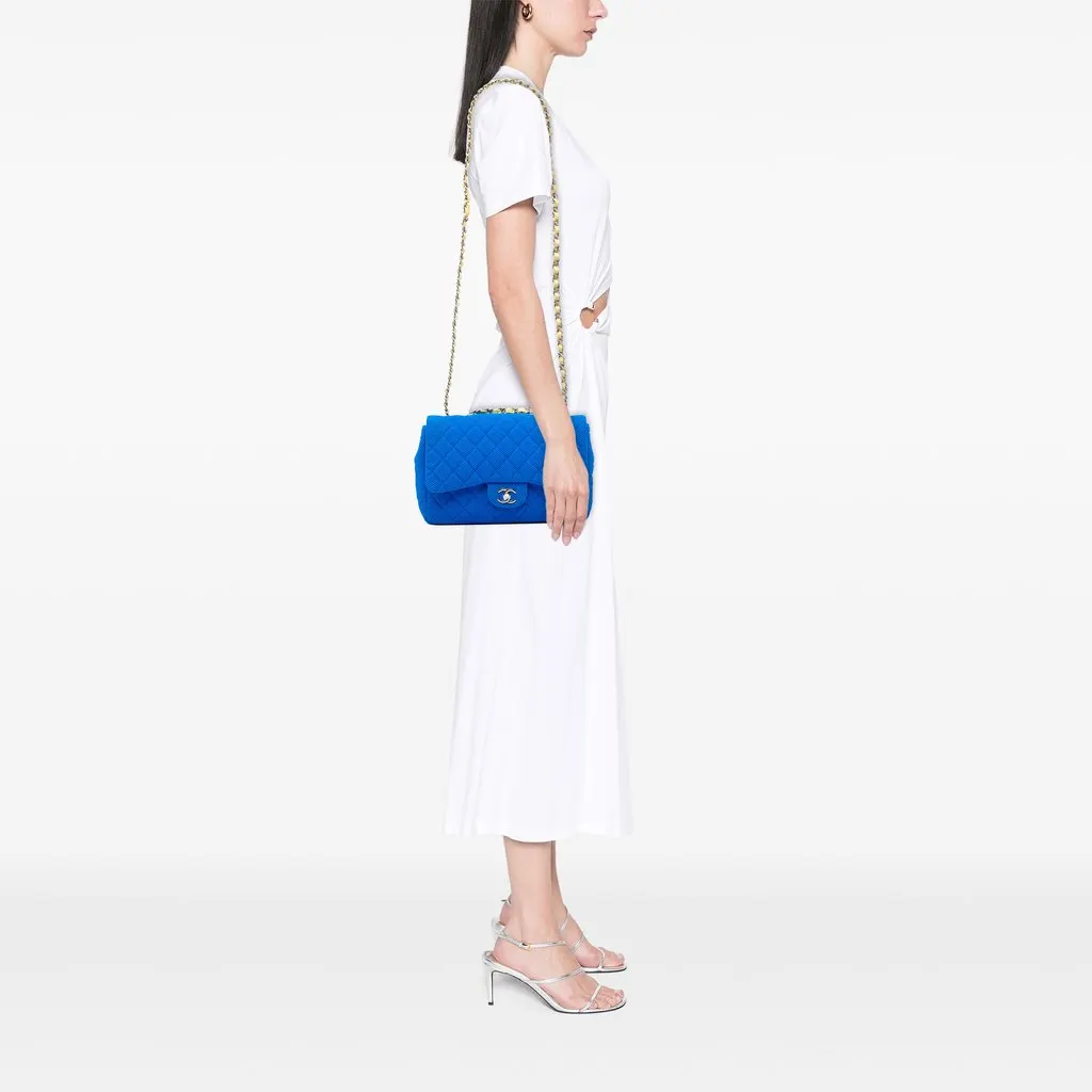 Chanel Jumbo Classic Perforated Jersey Single Flap Blue Cotton Good - Box View