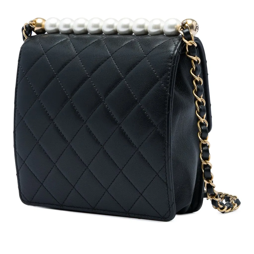 Chanel Small Quilted Goatskin Chic Pearls Flap Black Leather Very good - Back View