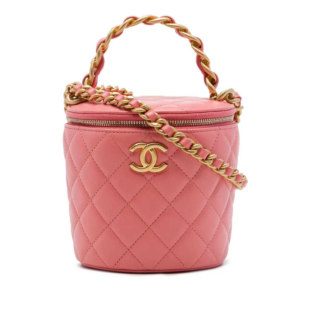 Chanel Quilted Lambskin Afternoon Tea Vanity Case with Chain Pink Leather Very good - Front View