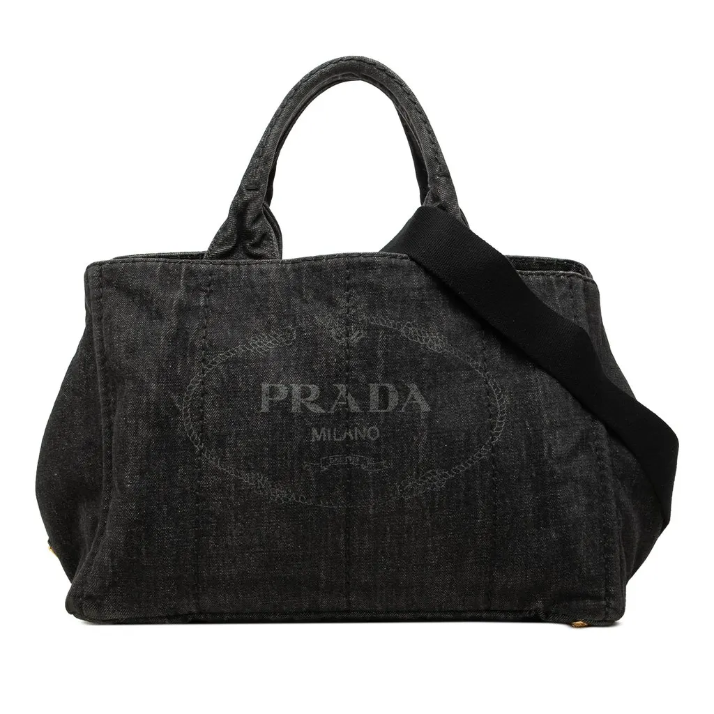Prada Denim Canapa Logo Tote Black Denim Very good - Front View