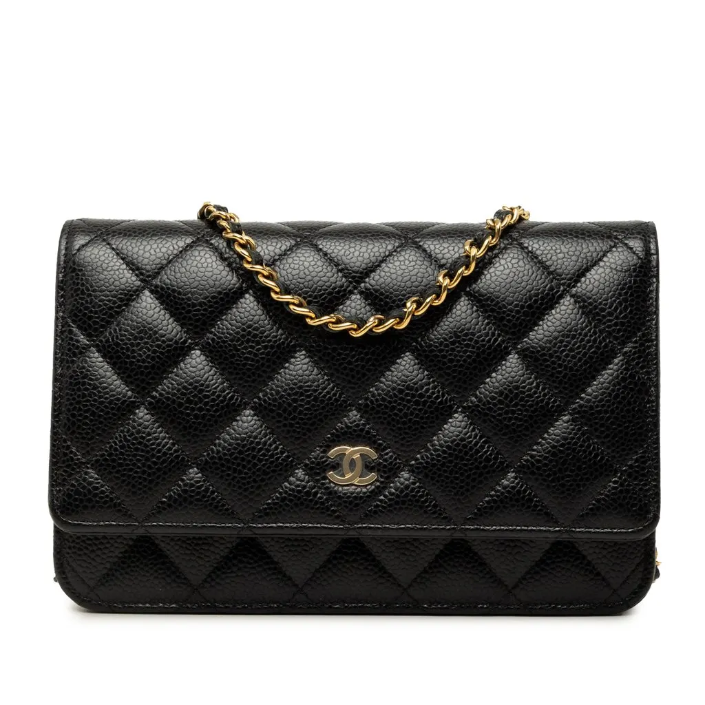 Chanel CC Quilted Caviar Wallet on Chain Black Leather Good - Front View