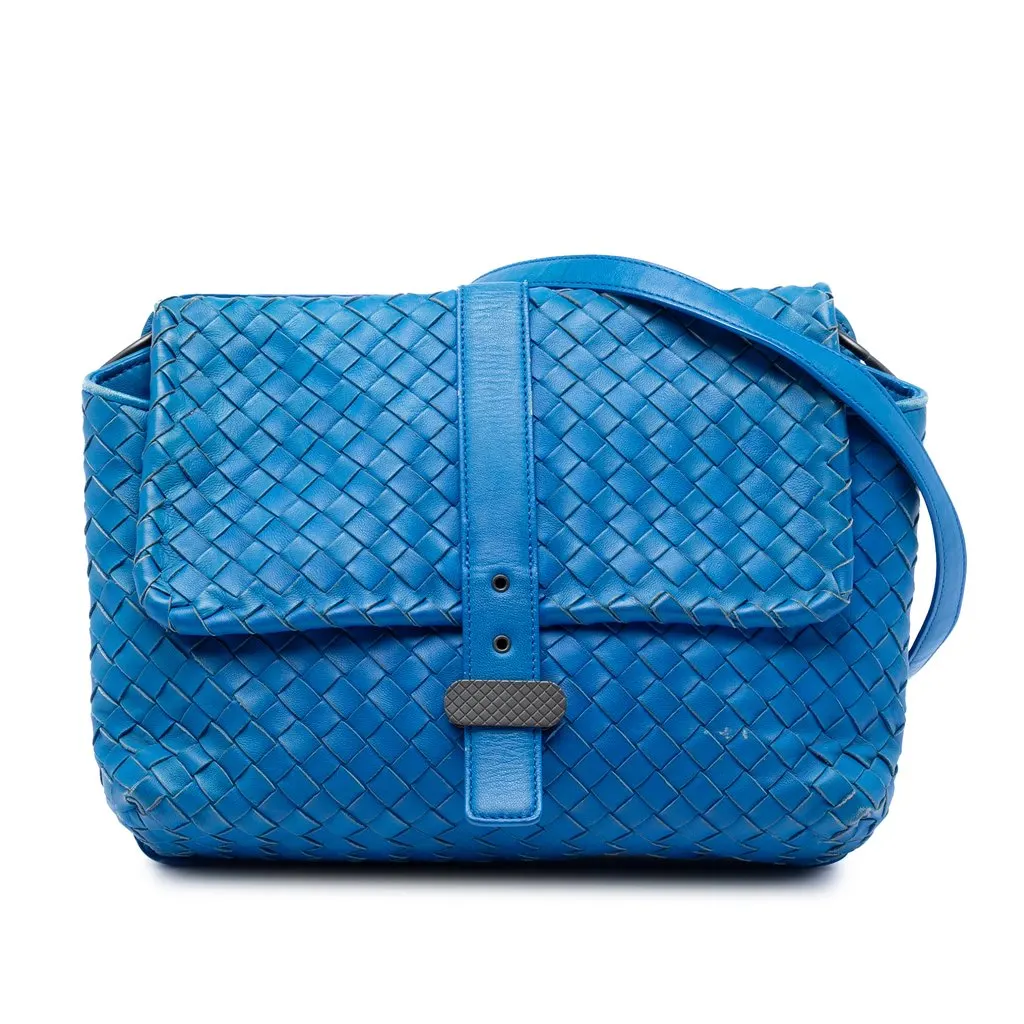 Bottega Veneta Nappa Intrecciato Double Sided Flap Shoulder Bag Blue Leather Very good - Front View