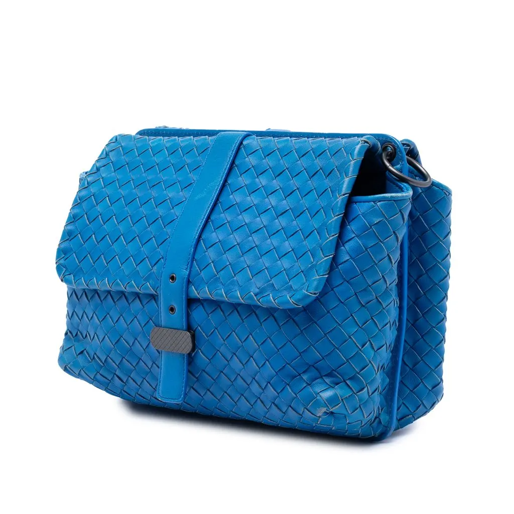 Bottega Veneta Nappa Intrecciato Double Sided Flap Shoulder Bag Blue Leather Very good - Back View