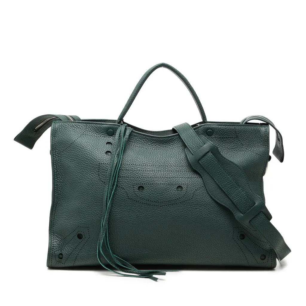Balenciaga Calfskin Motocross Blackout City Satchel Green Leather Very good - Front View