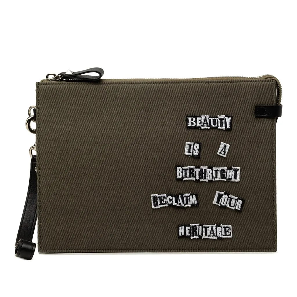 Valentino Jamie Reid Embroidered Canvas Rockstud Clutch Green Leather Very good - Front View