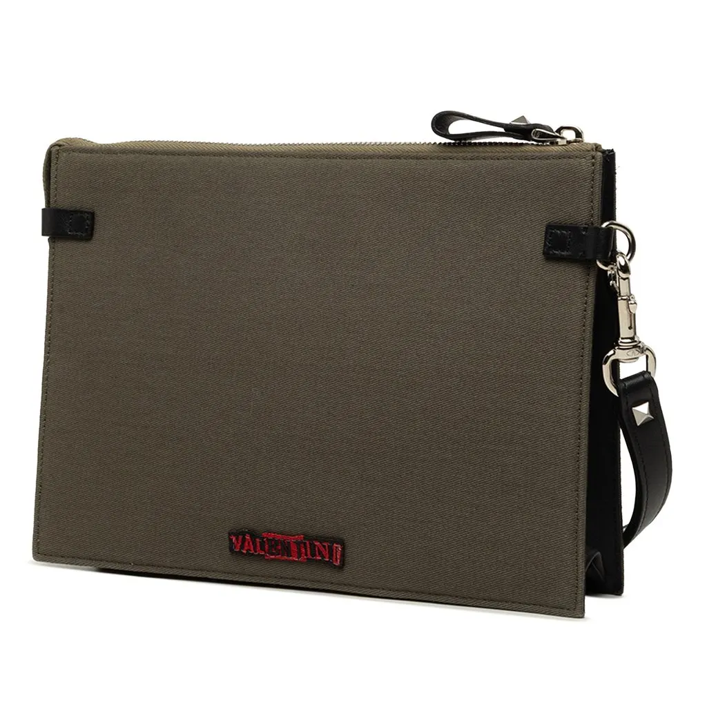 Valentino Jamie Reid Embroidered Canvas Rockstud Clutch Green Leather Very good - Back View