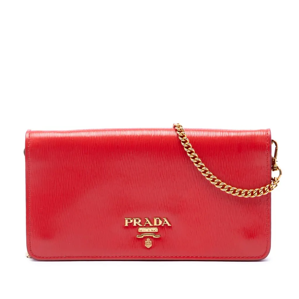 Prada Vitello Move Wallet on Chain Red Leather Very good - Front View