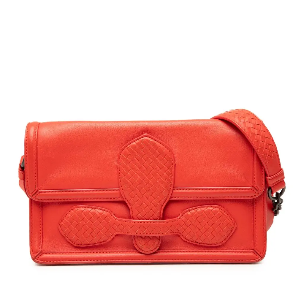 Bottega Veneta Intrecciato Trimmed Nappa Rialto Shoulder Bag Orange Leather Very good - Front View