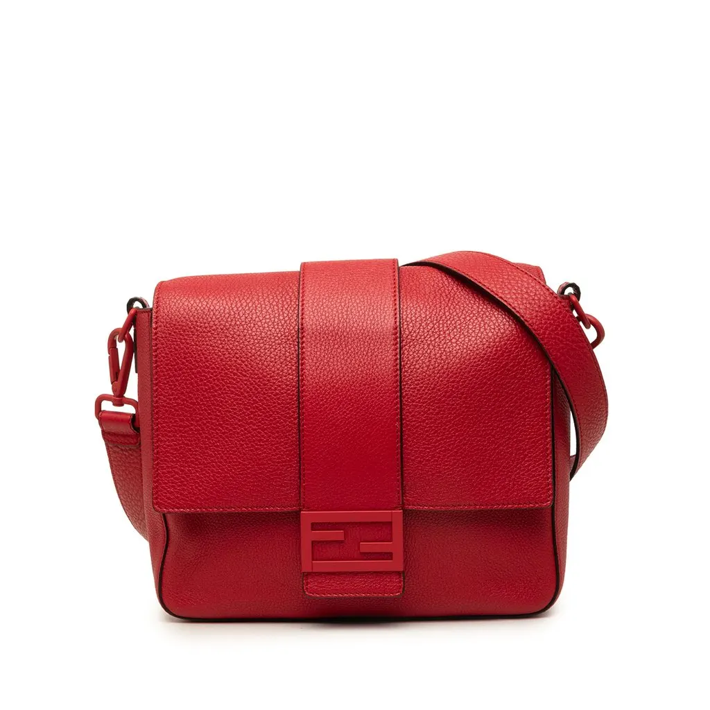 Fendi Medium Leather Baguette Messenger Bag Red Leather Good - Front View