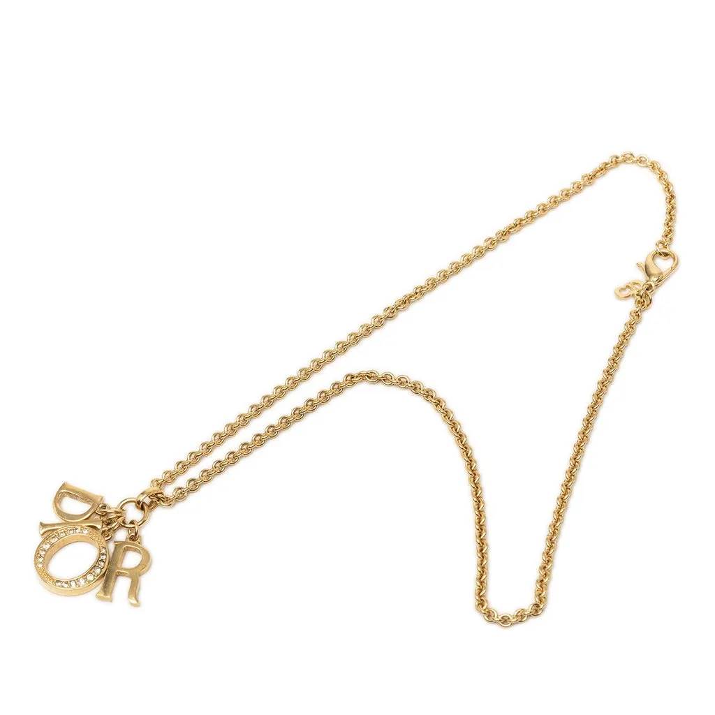 Dior Gold Plated Strass Logo Pendant Necklace Gold Metal Very good - Front View