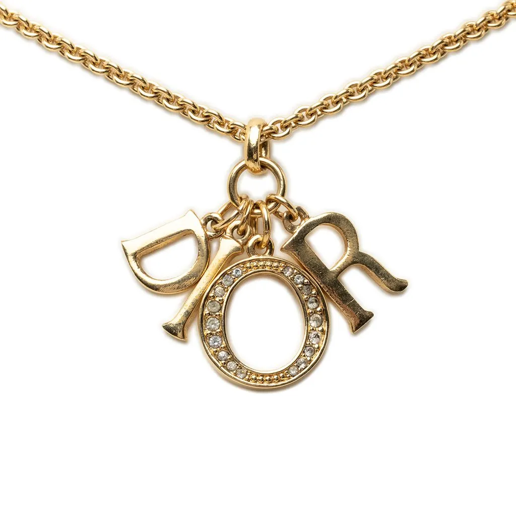Dior Gold Plated Strass Logo Pendant Necklace Gold Metal Very good - Back View