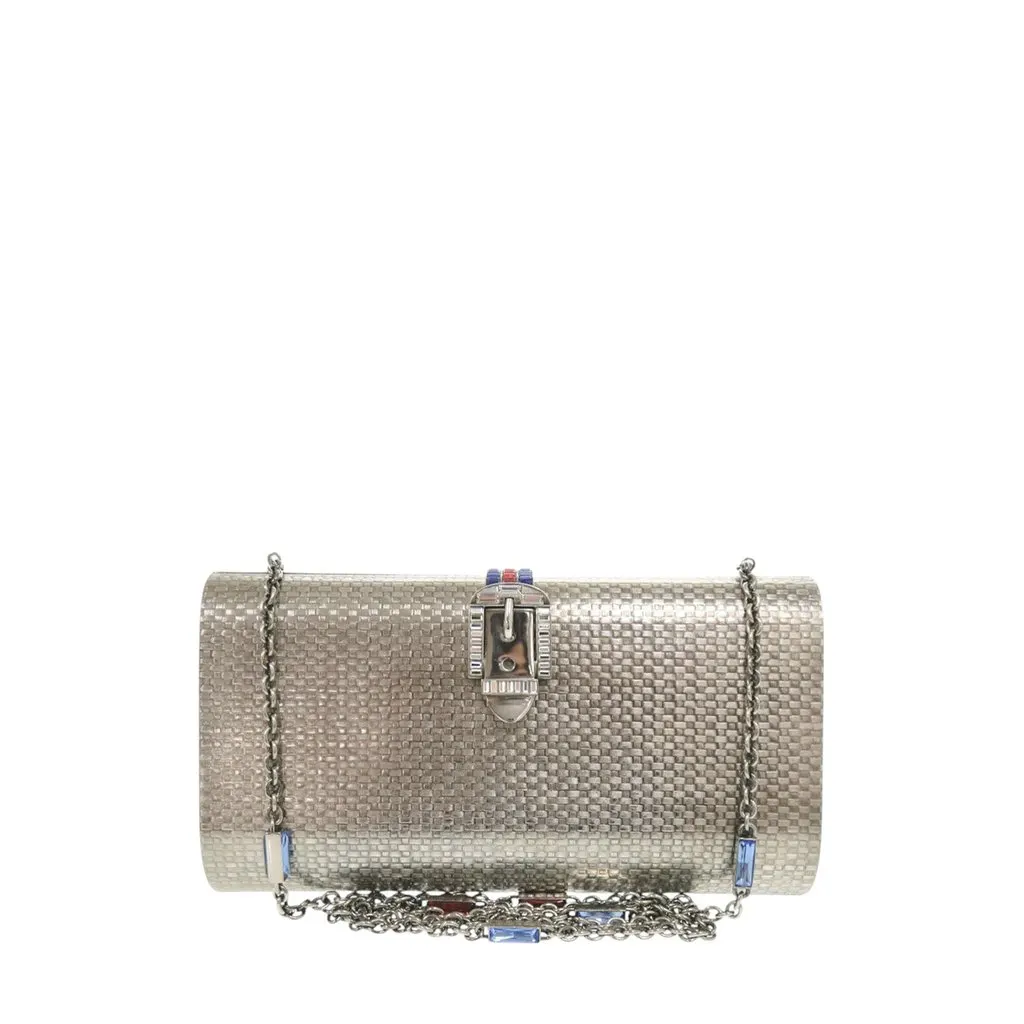 Gucci Brass Crystal Web Buckle Chain Shoulder Bag Silver Metal Very good - Front View