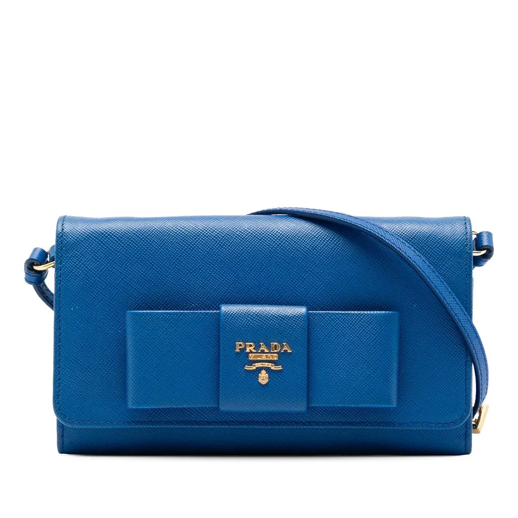 Prada Saffiano Lux Bow Wallet On Strap Blue Leather Very good - Front View