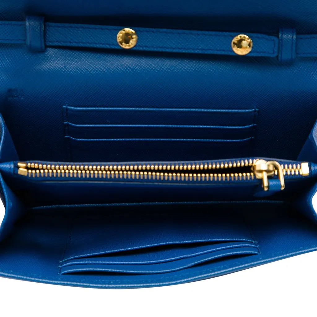 Prada Saffiano Lux Bow Wallet On Strap Blue Leather Very good - Model View