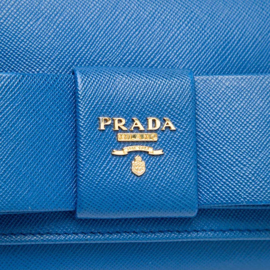 Prada Saffiano Lux Bow Wallet On Strap Blue Leather Very good - Box View