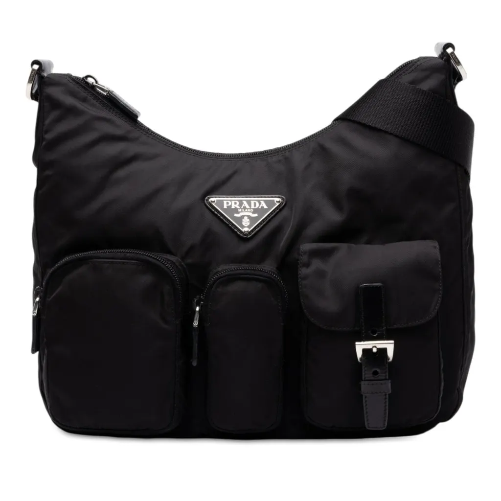 Prada Tessuto Triple Pocket Zip Top Crossbody Black Polyamide Very good - Front View