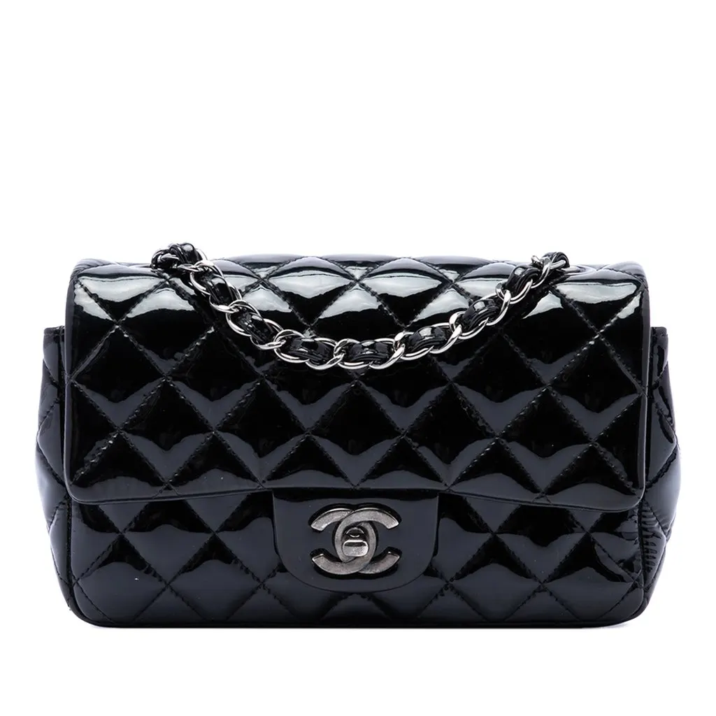 Chanel Mini Rectangular Classic Patent Single Flap Black Leather Very good - Front View