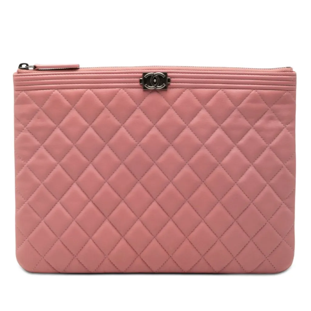 Chanel Medium Quilted Lambskin Boy O Case Clutch Pink Leather Very good - Front View