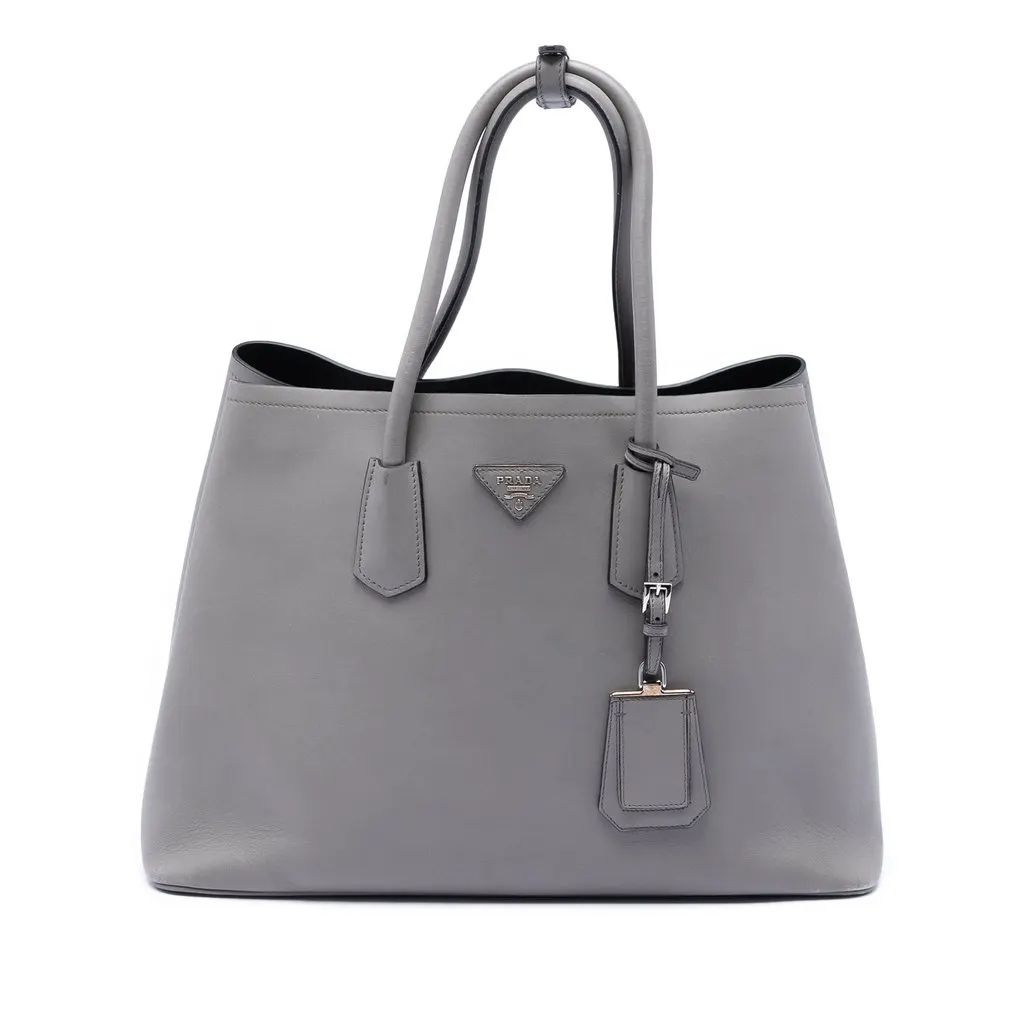 Prada Large City Calf Double Satchel Grey Leather Very good - Front View