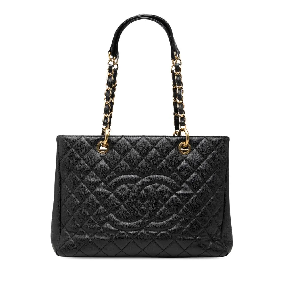 Chanel Caviar Grand Shopping Tote Black Leather Very good - Front View
