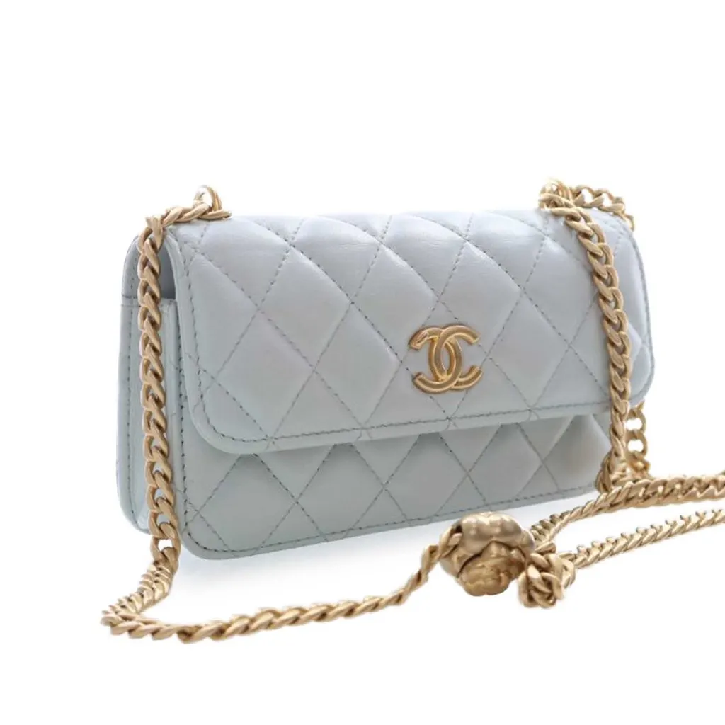 Chanel Mini CC Lambskin Camellia Crush Clutch With Chain Blue Leather Very good - Back View