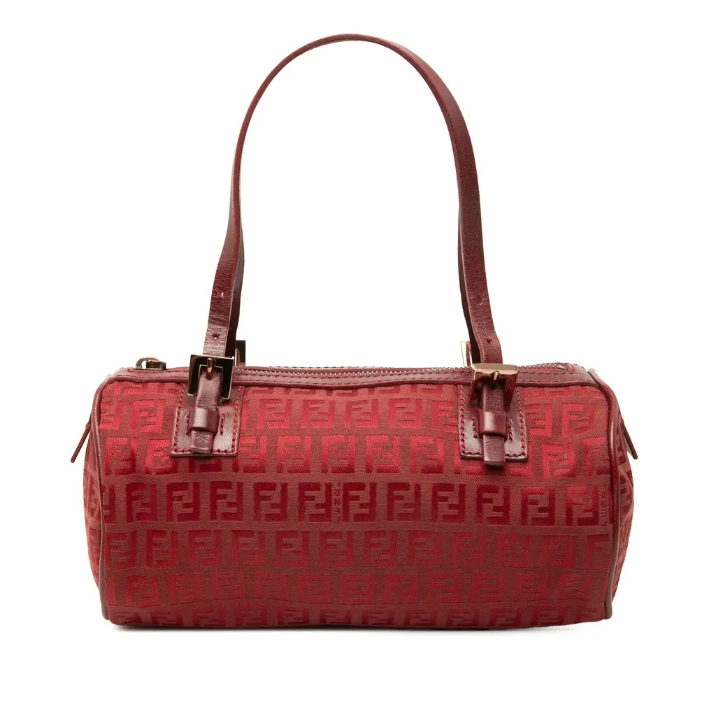 Fendi Zucchino Canvas Barrel Handbag Red Canvas Good - Front View