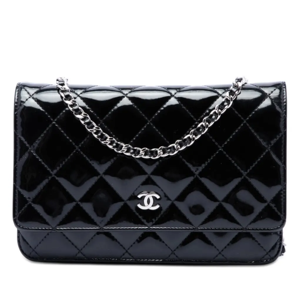 Chanel CC Quilted Patent Wallet On Chain Black Leather Very good - Front View