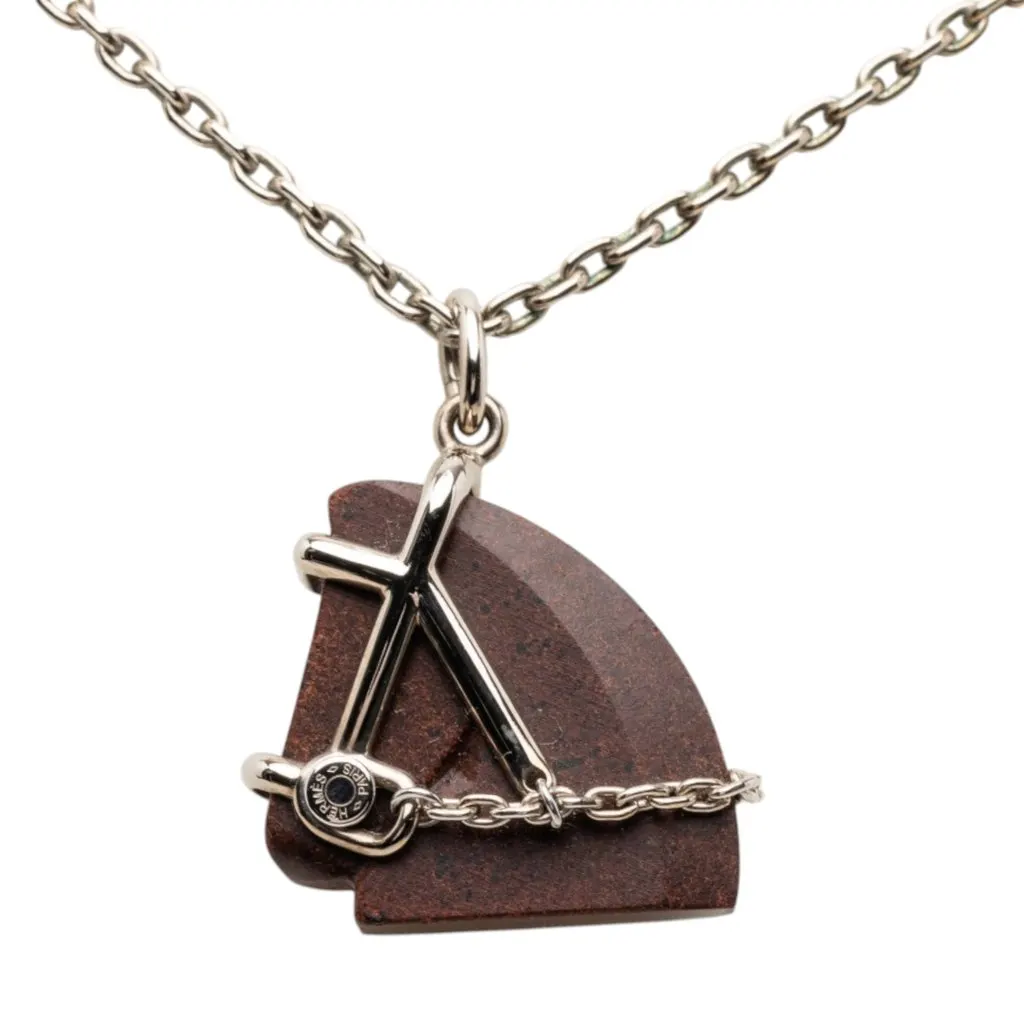 Hermès Palladium Plated Vulcanium Cheval Pendant Necklace Brown Metal Very good - Front View