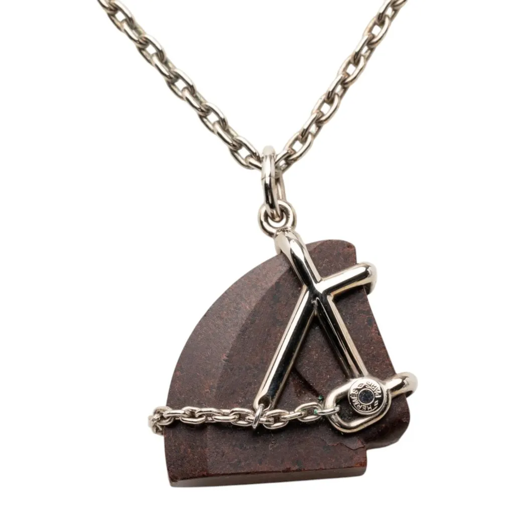Hermès Palladium Plated Vulcanium Cheval Pendant Necklace Brown Metal Very good - Back View
