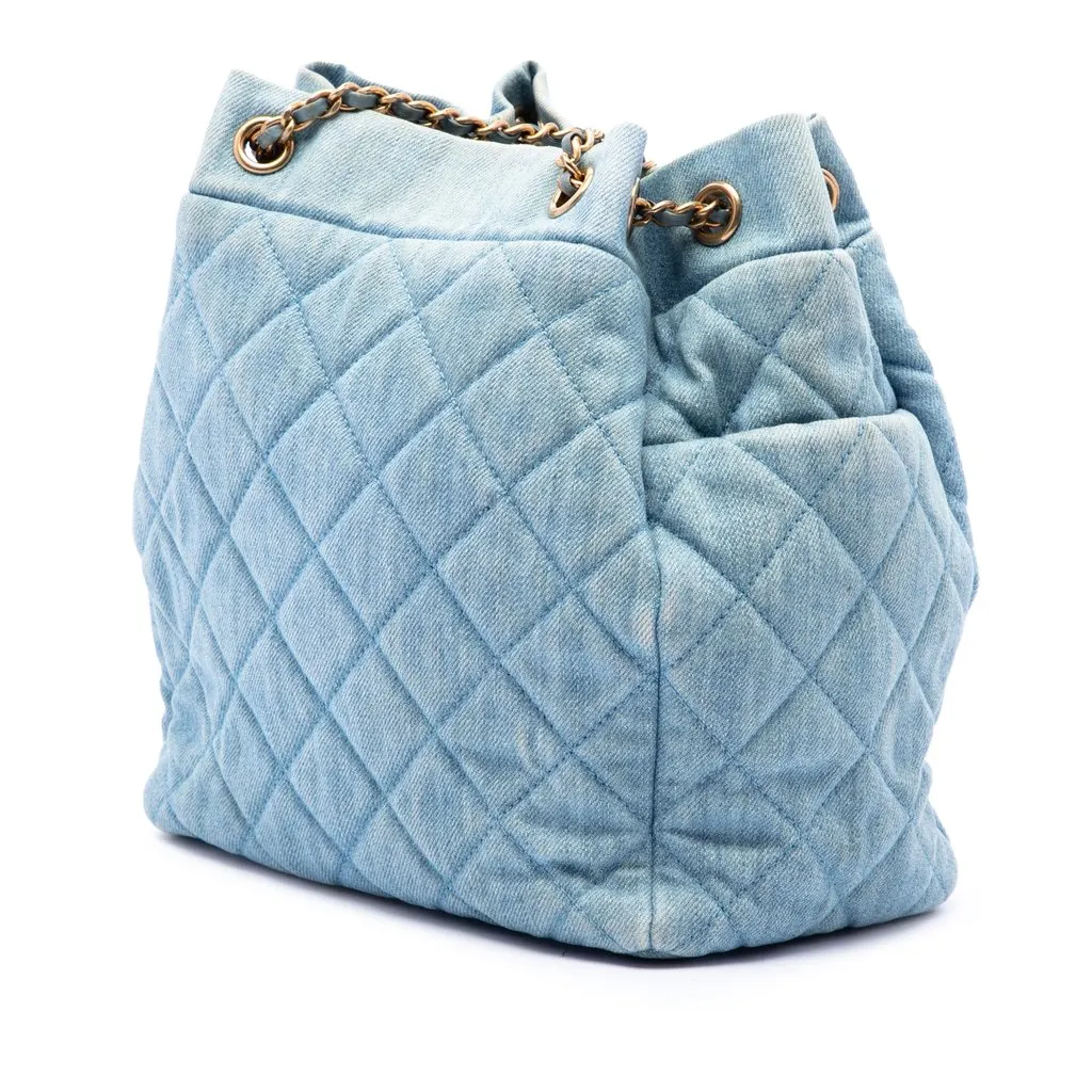 Chanel Quilted Denim Urban Spirit Bucket Bag Blue Denim Good - Back View