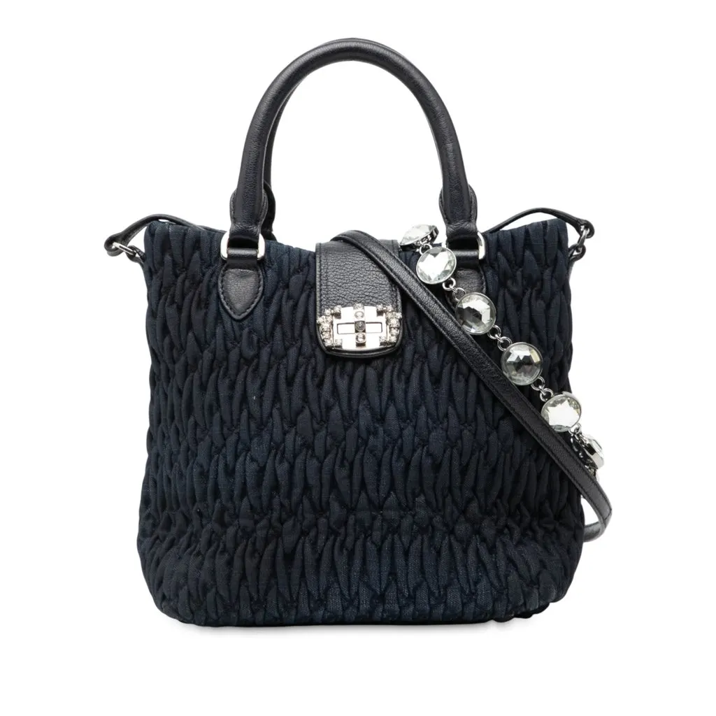 Miu Miu Matelasse Denim Crystal Satchel Blue Very good - Front View