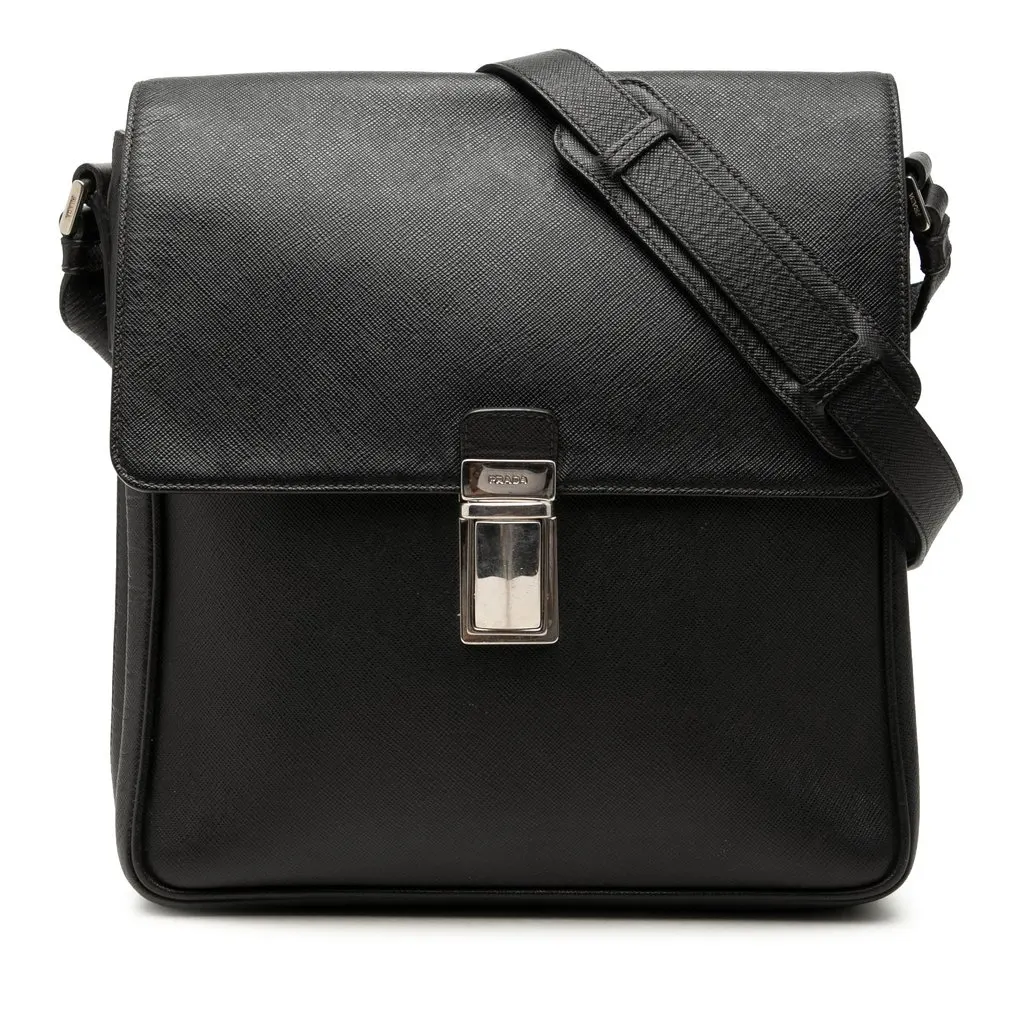 Prada Saffiano Buckle Messenger Bag Black Leather Very good - Front View