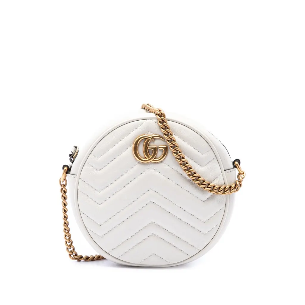 Gucci Mini GG Marmont Matelasse Calfskin Round Crossbody White Leather Very good - Front View