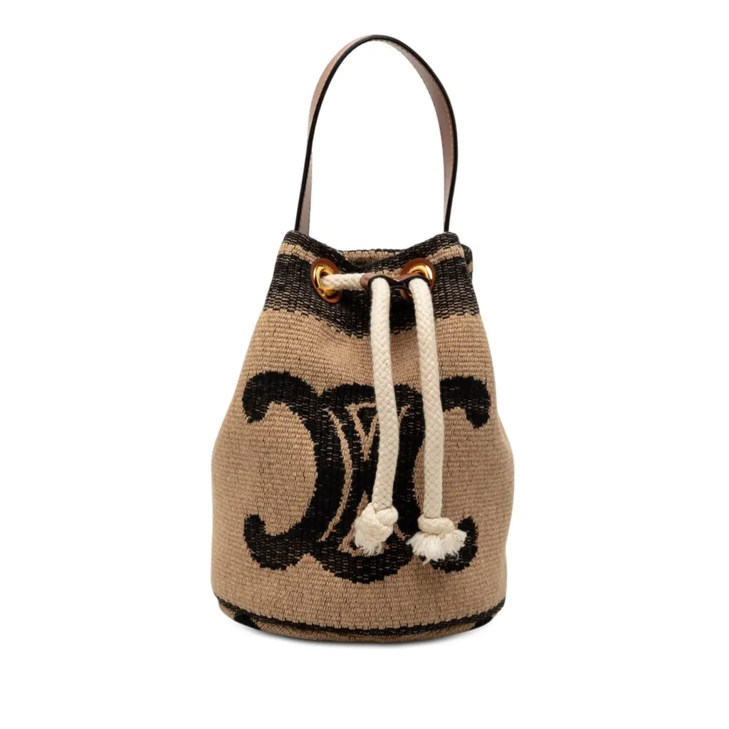 Celine Small Triomphe Raffia Drawstring Bucket Bag Brown Very good - Front View