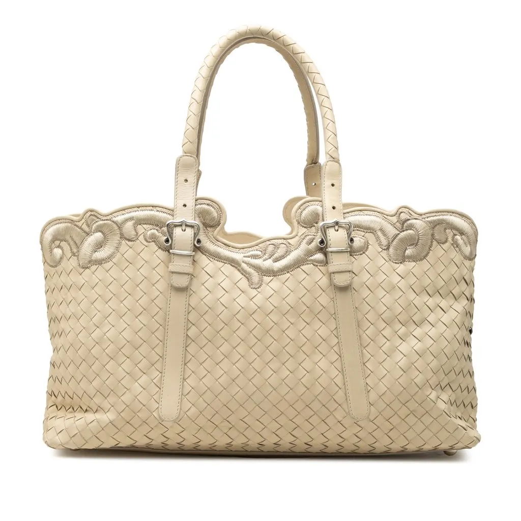 Bottega Veneta Embroidered Nappa Intrecciato Tote Brown Leather Very good - Front View