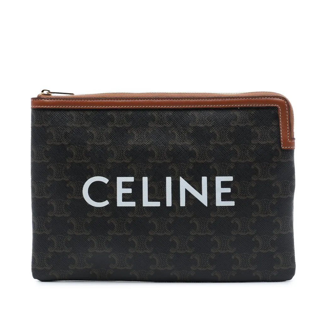 Celine Small Triomphe Coated Canvas Clutch Brown Canvas Very good - Front View