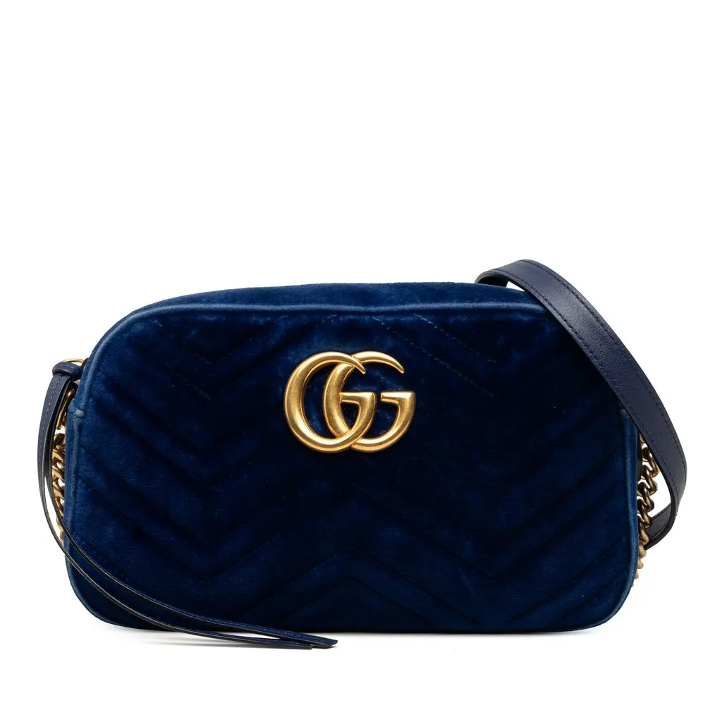 Gucci Small GG Marmont Matelasse Velvet Crossbody Blue Good - Front View