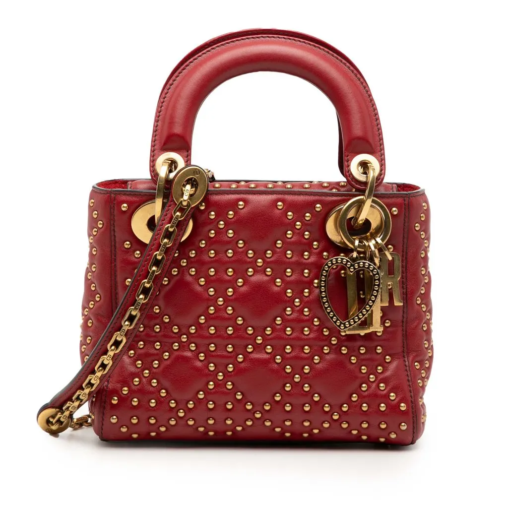 Dior Mini Lambskin Cannage Studded Supple Lady Dior Red Leather Very good - Front View