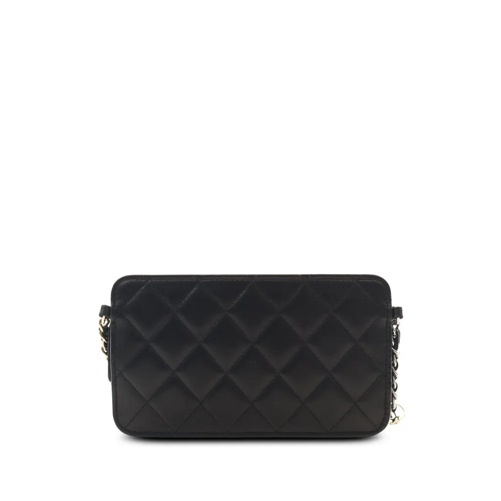 Chanel Quilted Lambskin Front Pocket Clutch With Chain Black Leather Very good - Back View