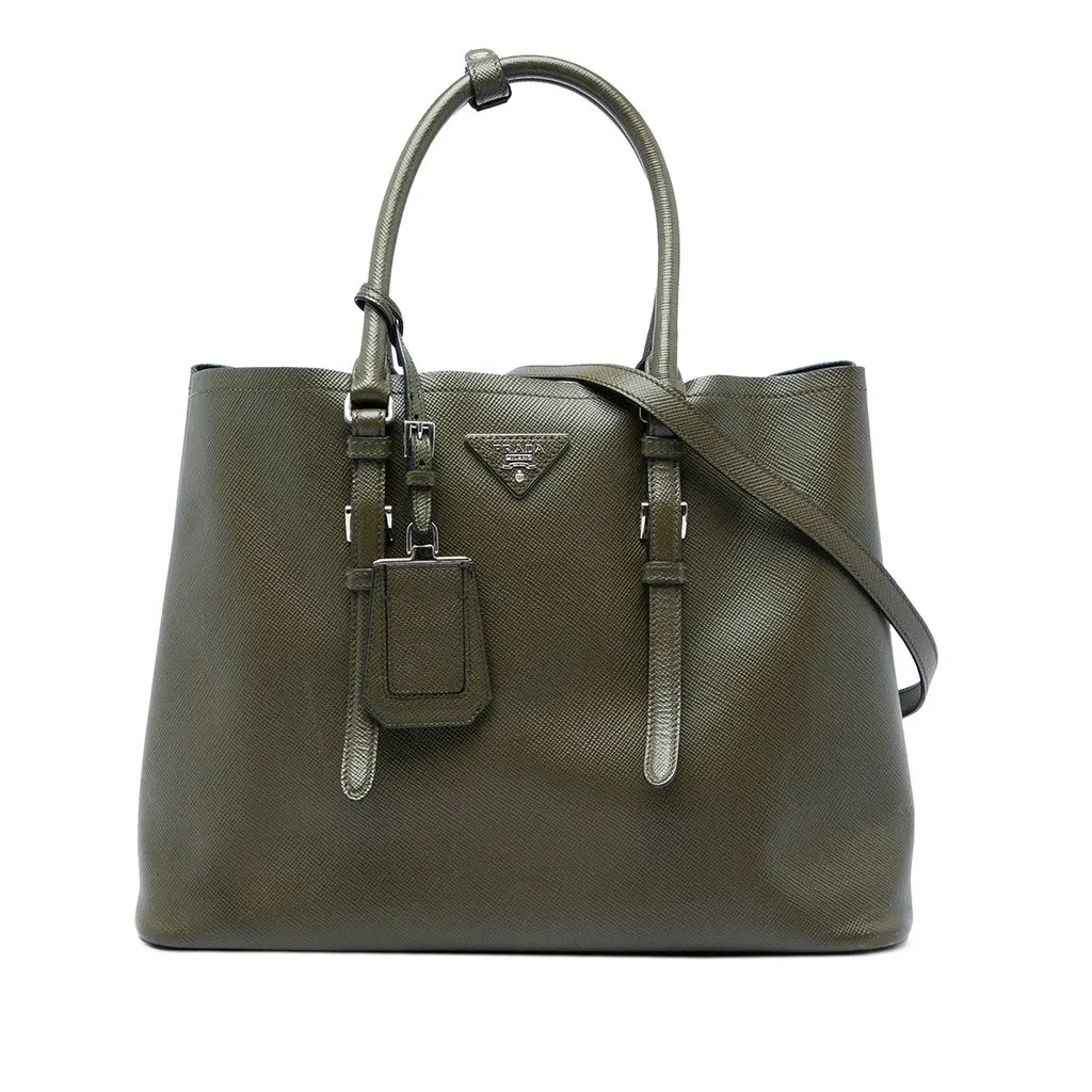 Prada Large Saffiano Cuir Double Handle Satchel Green Leather Very good - Front View