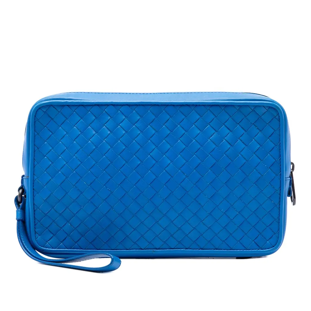 Bottega Veneta Nappa Intrecciato Double Zip Wristlet Clutch Blue Leather Very good - Front View