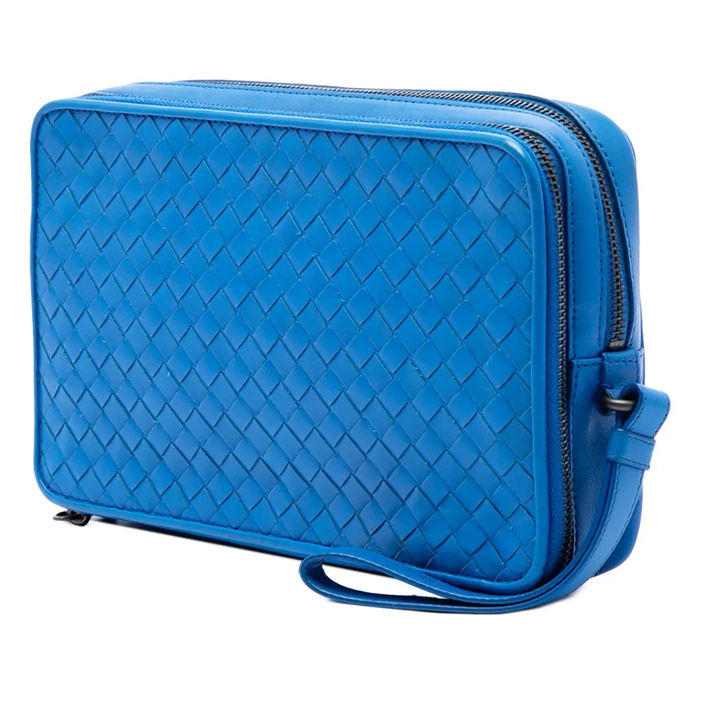 Bottega Veneta Nappa Intrecciato Double Zip Wristlet Clutch Blue Leather Very good - Back View