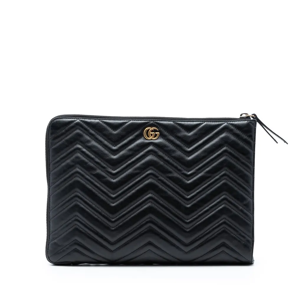 Gucci GG Marmont Matelasse Leather Portfolio Clutch Black Leather Very good - Front View