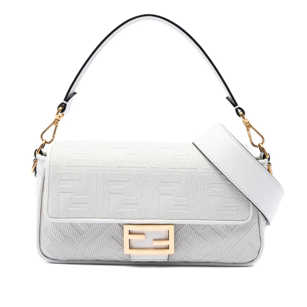 Fendi Zucca Embroidered Canvas Baguette Satchel White Very good - Front View